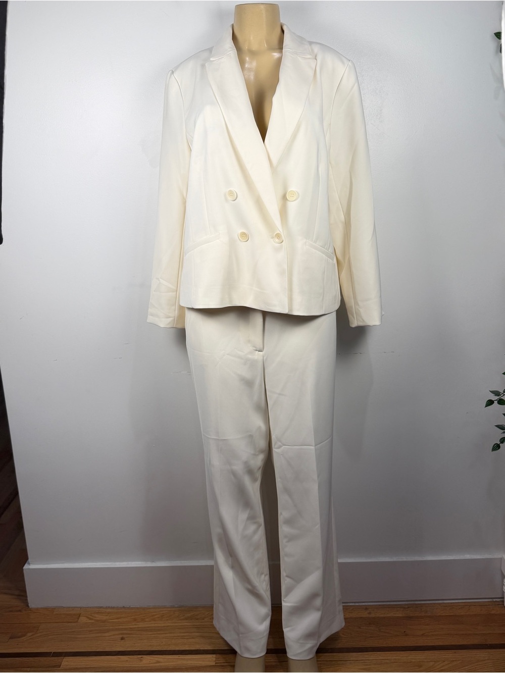Talbots Suit Sz 16 Pants Jacket Ivory Crepe Straight Leg Blazer Double Breasted